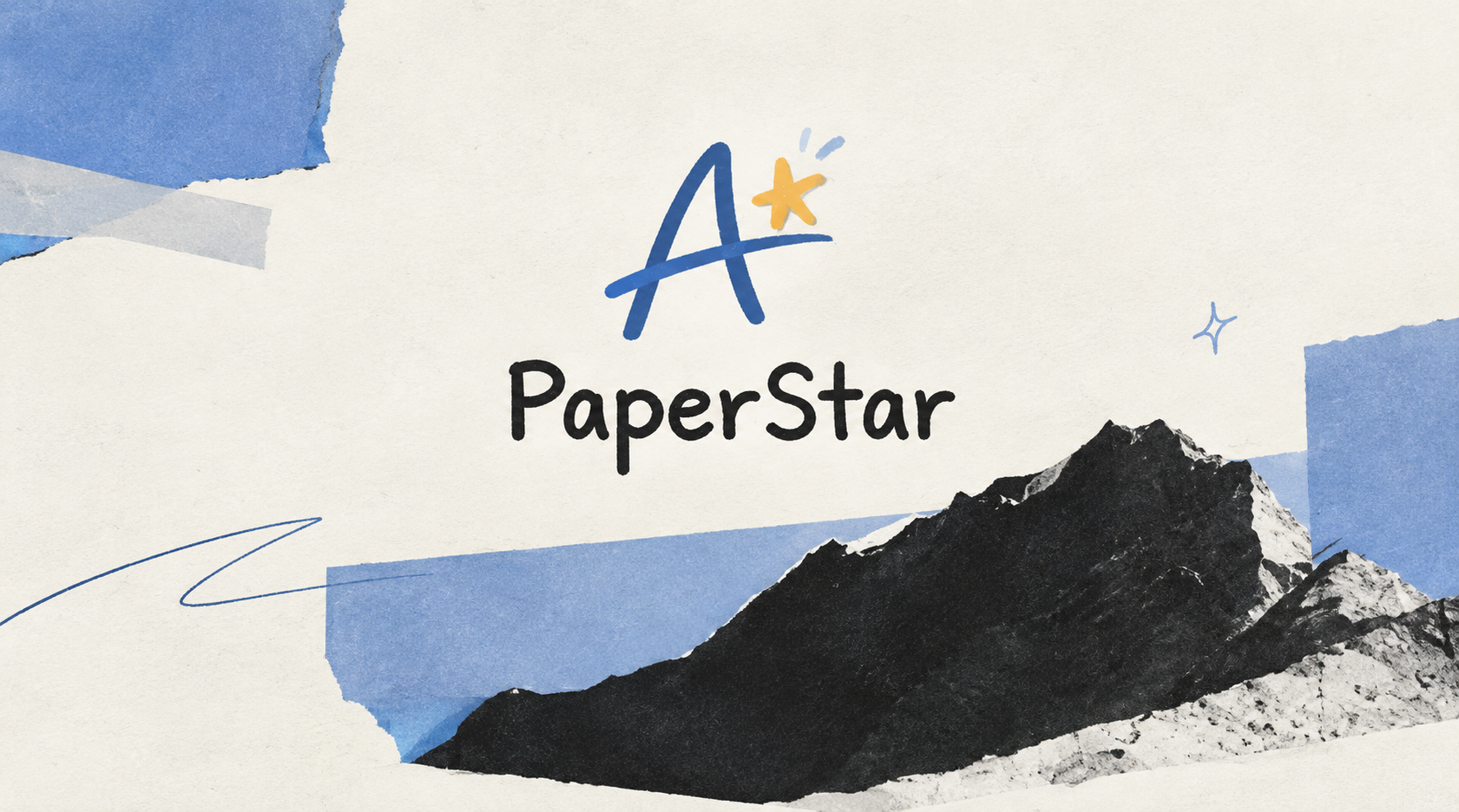 PaperStar project collage with a mountain and blue paper textures.